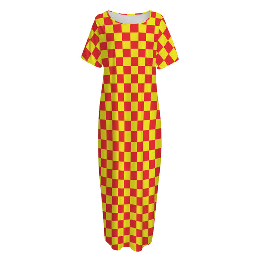 Red And Yellow Checkered Pattern Print Short Sleeve Long Nightdress