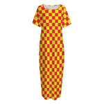 Red And Yellow Checkered Pattern Print Short Sleeve Long Nightdress