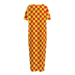 Red And Yellow Checkered Pattern Print Short Sleeve Long Nightdress