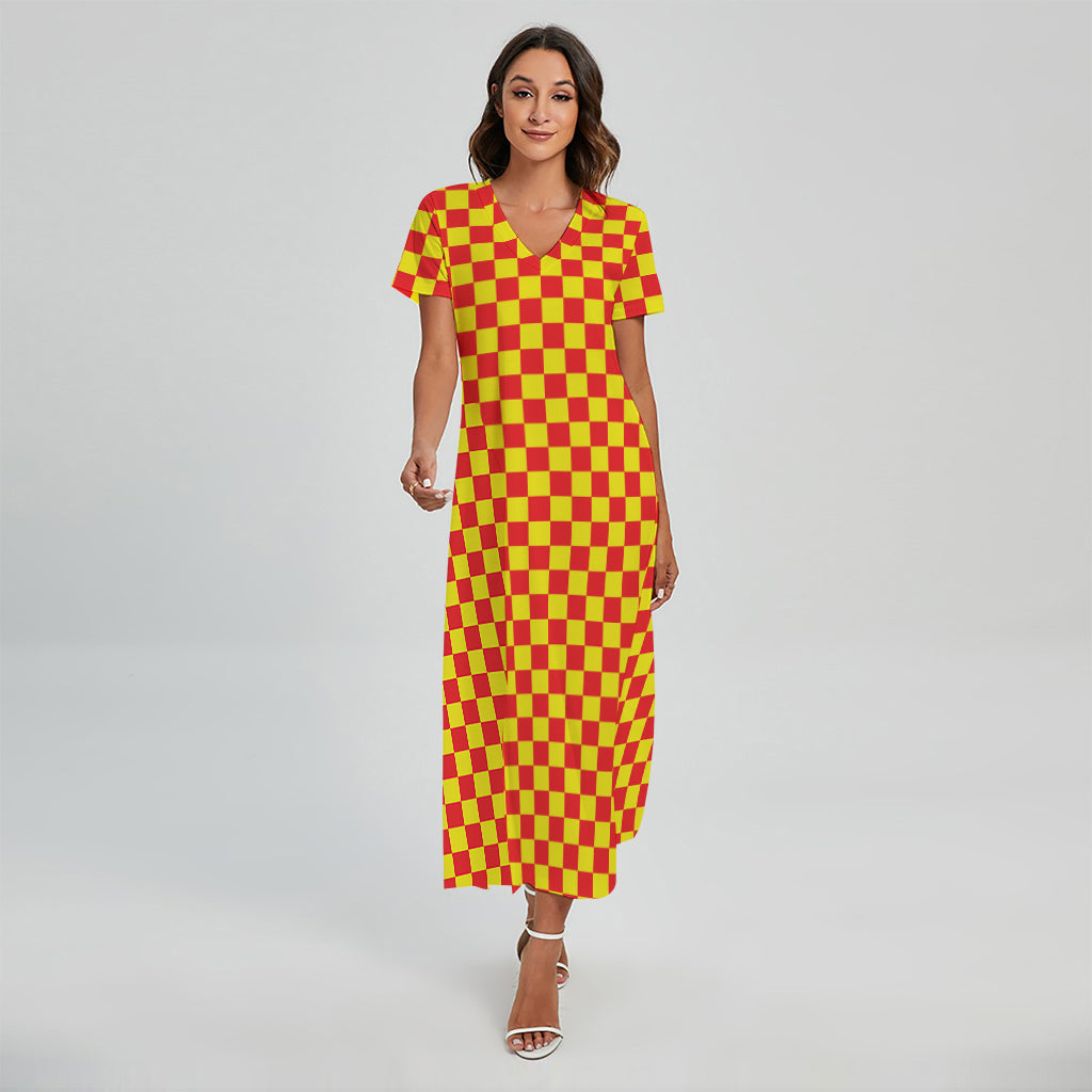 Red And Yellow Checkered Pattern Print Short Sleeve Maxi Dress