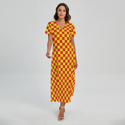 Red And Yellow Checkered Pattern Print Short Sleeve Maxi Dress
