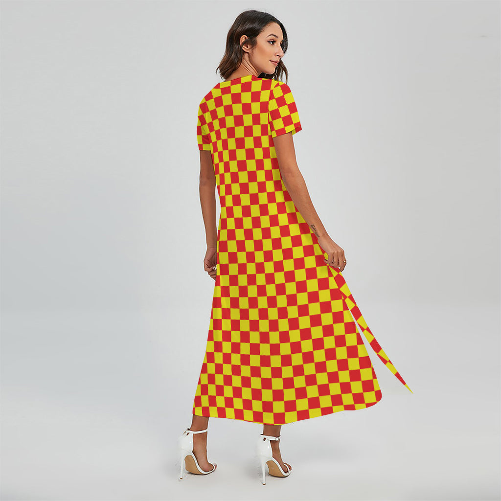 Red And Yellow Checkered Pattern Print Short Sleeve Maxi Dress
