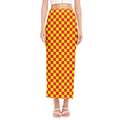 Red And Yellow Checkered Pattern Print Side Slit Maxi Skirt