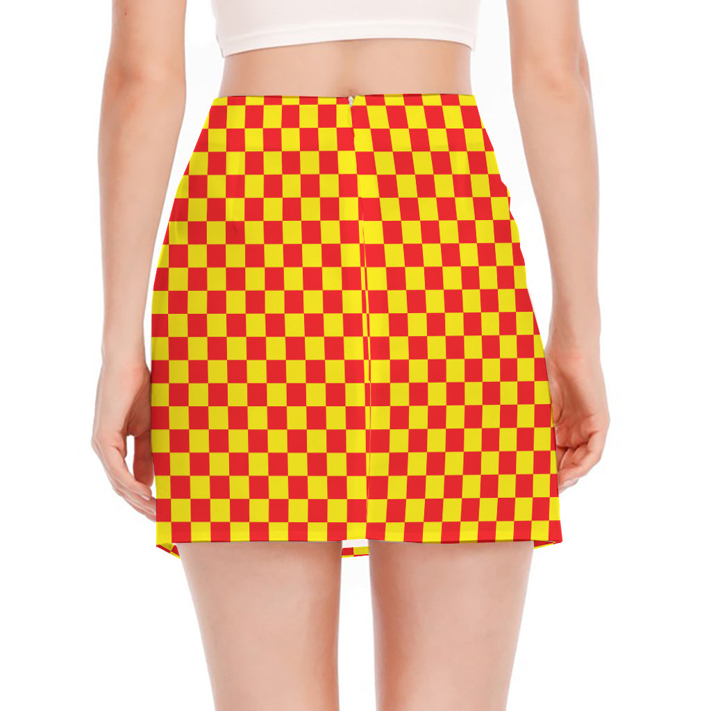 Red And Yellow Checkered Pattern Print Side Slit Mini Skirt