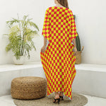Red And Yellow Checkered Pattern Print Silk V-Neck Kaftan Dress