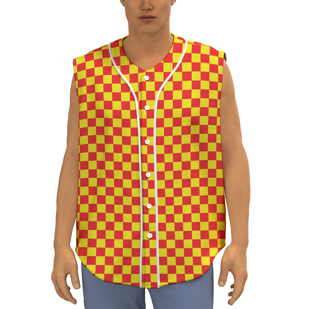 Red And Yellow Checkered Pattern Print Sleeveless Baseball Jersey