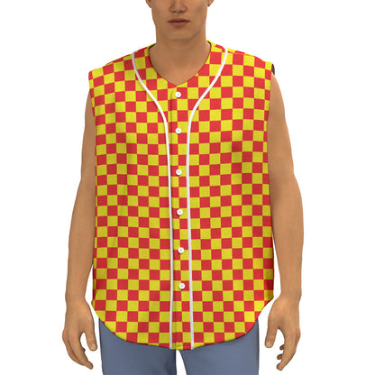 Red And Yellow Checkered Pattern Print Sleeveless Baseball Jersey