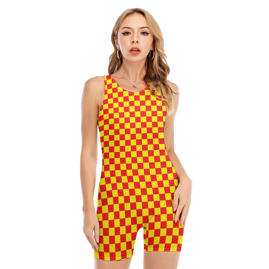 Red And Yellow Checkered Pattern Print Sleeveless One Piece Swimsuit