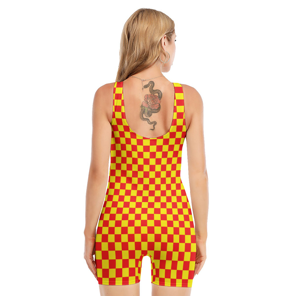 Red And Yellow Checkered Pattern Print Sleeveless One Piece Swimsuit