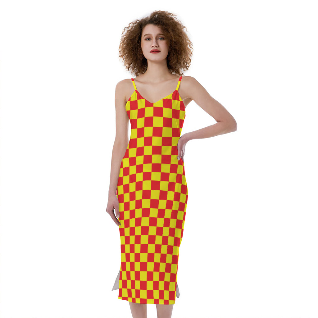 Red And Yellow Checkered Pattern Print Slim Fit Midi Cami Dress