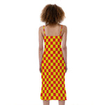 Red And Yellow Checkered Pattern Print Slim Fit Midi Cami Dress
