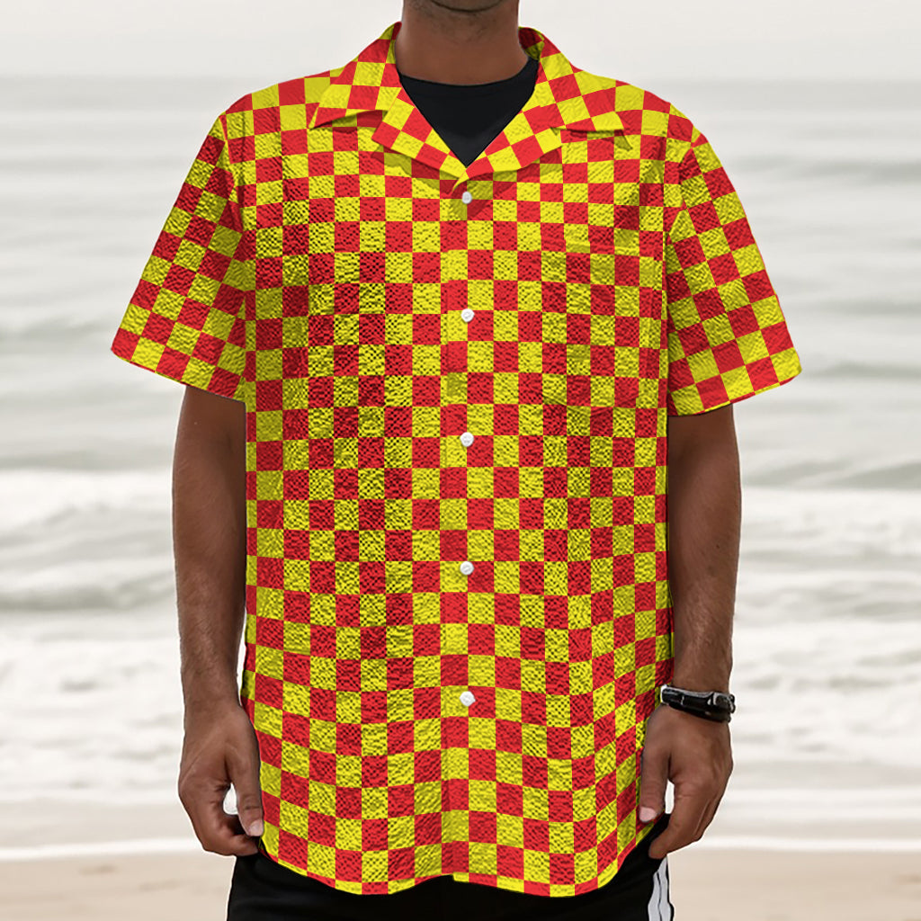 Red And Yellow Checkered Pattern Print Textured Short Sleeve Shirt
