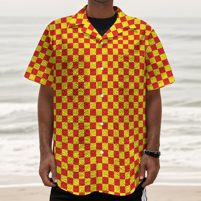 Red And Yellow Checkered Pattern Print Textured Short Sleeve Shirt