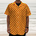 Red And Yellow Checkered Pattern Print Textured Short Sleeve Shirt