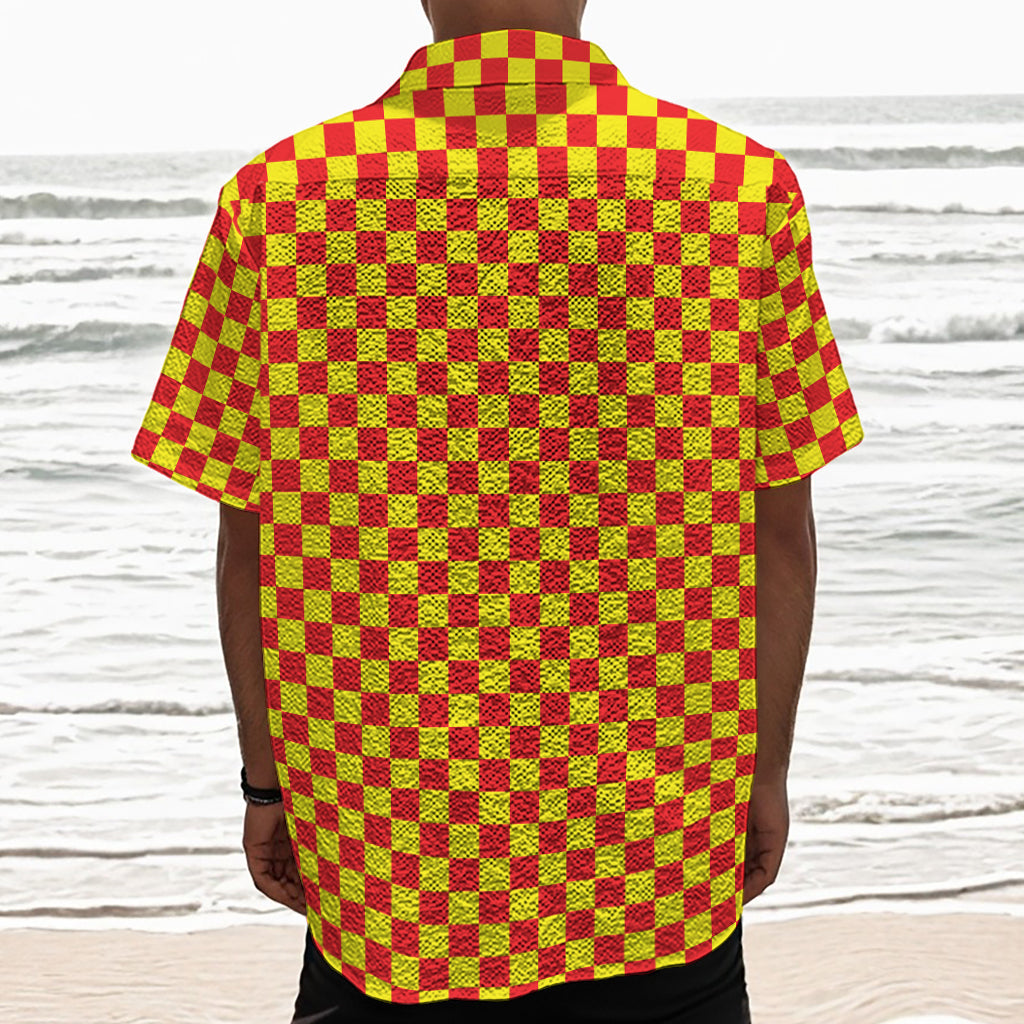 Red And Yellow Checkered Pattern Print Textured Short Sleeve Shirt