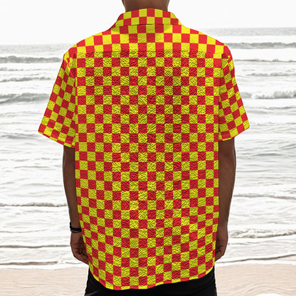 Red And Yellow Checkered Pattern Print Textured Short Sleeve Shirt