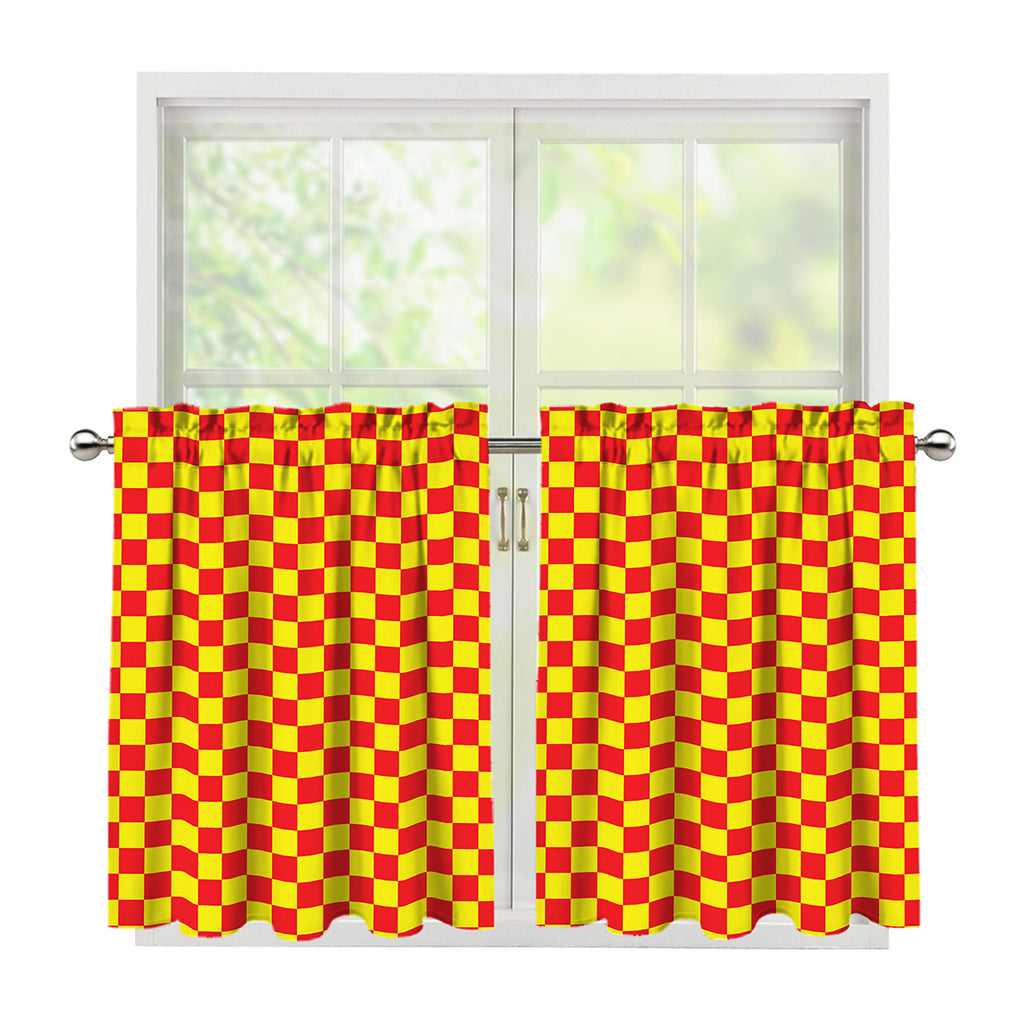 Red And Yellow Checkered Pattern Print Tier Curtains