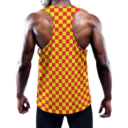 Red And Yellow Checkered Pattern Print Training Tank Top