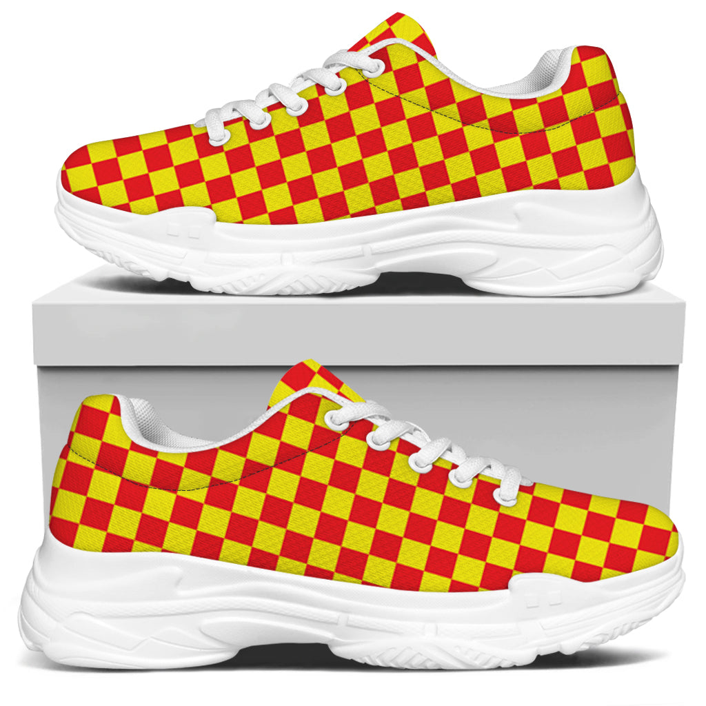 Red And Yellow Checkered Pattern Print White Chunky Shoes