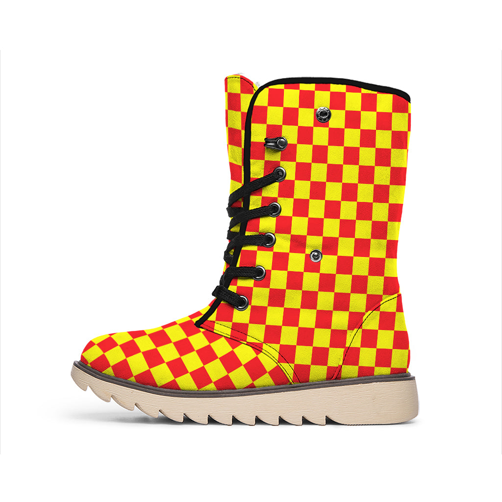 Red And Yellow Checkered Pattern Print Winter Boots