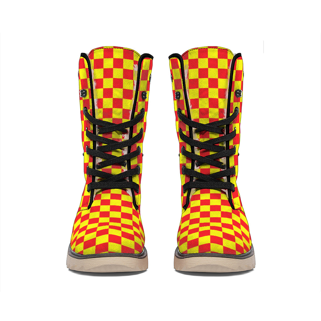Red And Yellow Checkered Pattern Print Winter Boots