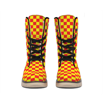 Red And Yellow Checkered Pattern Print Winter Boots