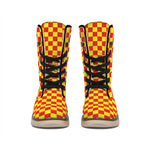 Red And Yellow Checkered Pattern Print Winter Boots