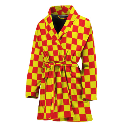 Red And Yellow Checkered Pattern Print Women's Bathrobe