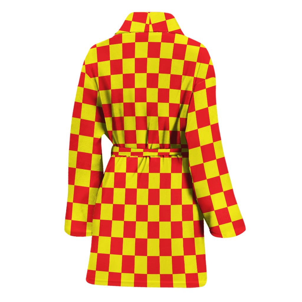 Red And Yellow Checkered Pattern Print Women's Bathrobe