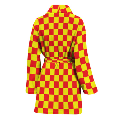 Red And Yellow Checkered Pattern Print Women's Bathrobe