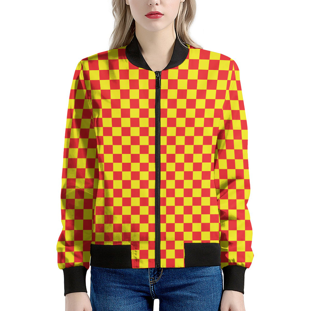 Red And Yellow Checkered Pattern Print Women's Bomber Jacket