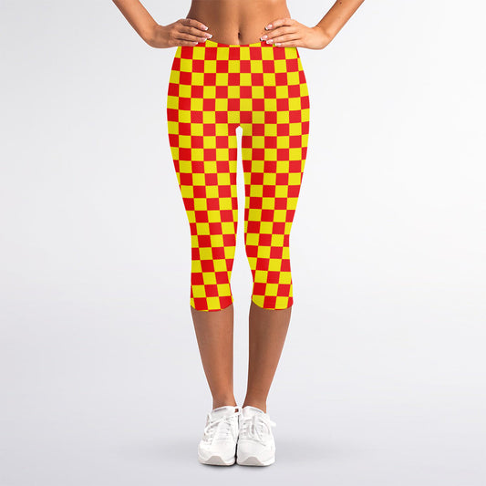 Red And Yellow Checkered Pattern Print Women's Capri Leggings