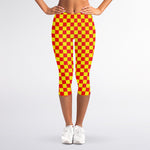 Red And Yellow Checkered Pattern Print Women's Capri Leggings