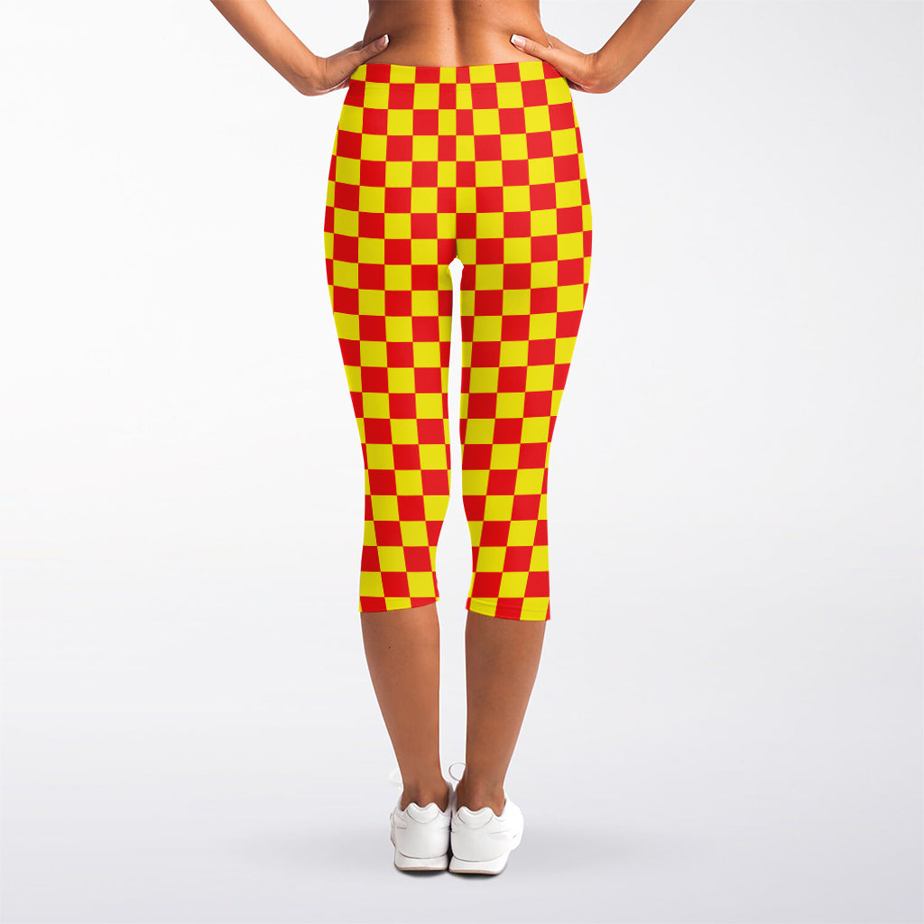 Red And Yellow Checkered Pattern Print Women's Capri Leggings