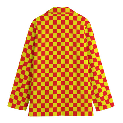 Red And Yellow Checkered Pattern Print Women's Cotton Blazer