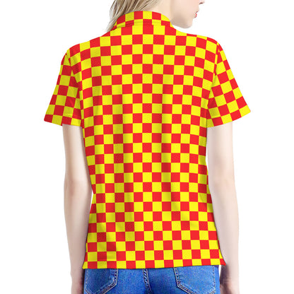 Red And Yellow Checkered Pattern Print Women's Polo Shirt