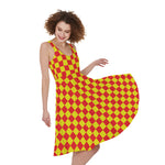 Red And Yellow Checkered Pattern Print Women's Sleeveless Dress