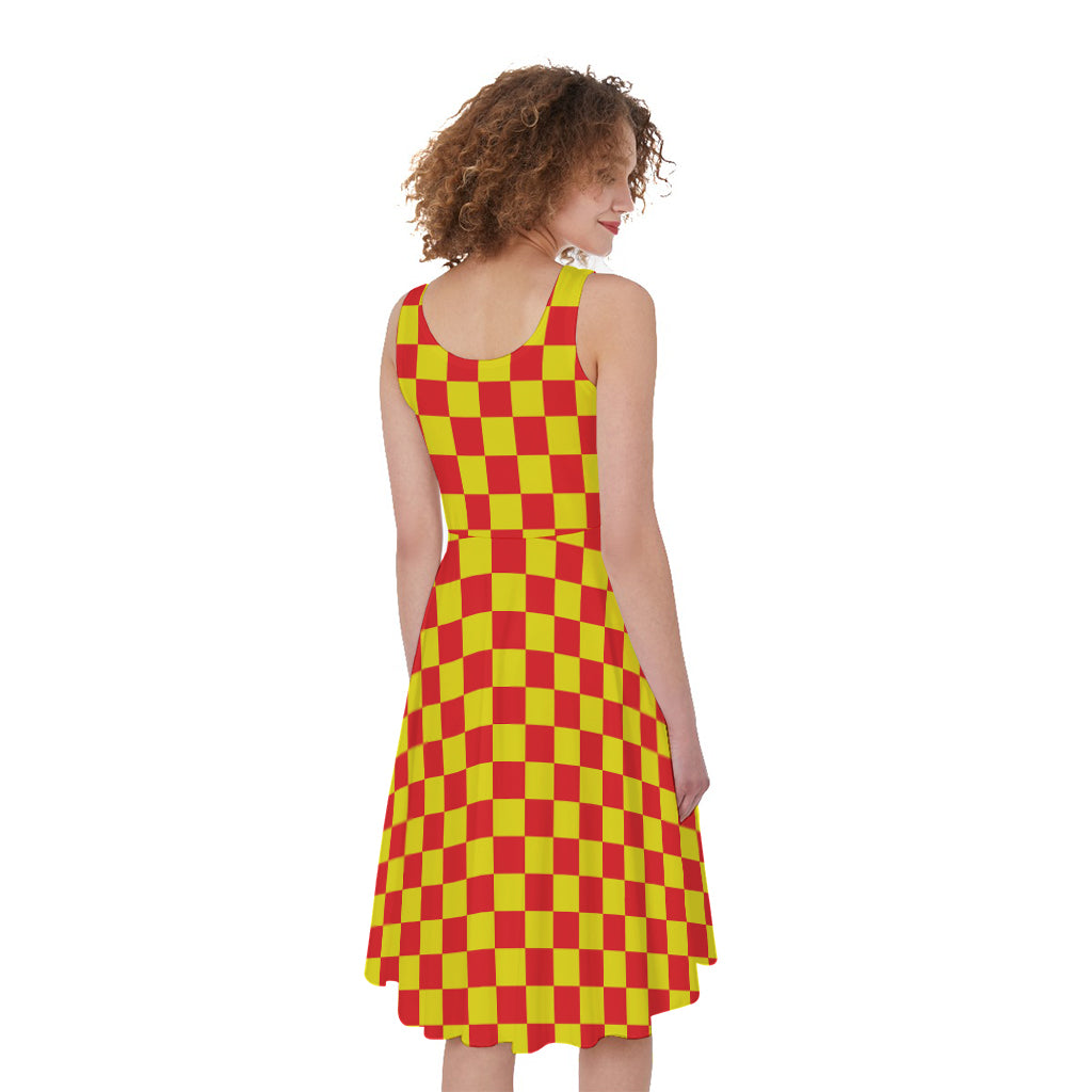 Red And Yellow Checkered Pattern Print Women's Sleeveless Dress