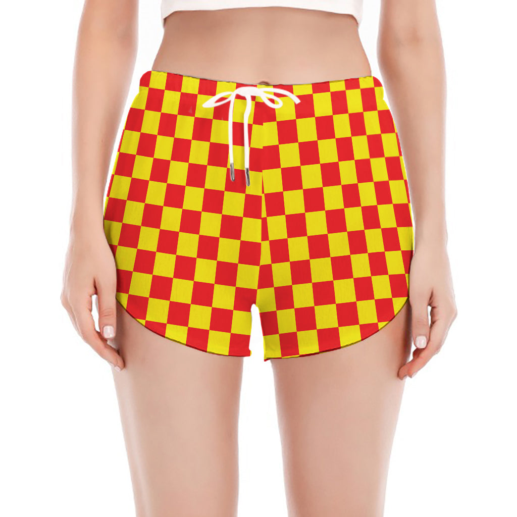 Red And Yellow Checkered Pattern Print Women's Split Running Shorts