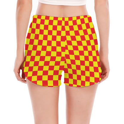 Red And Yellow Checkered Pattern Print Women's Split Running Shorts