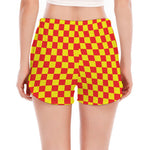 Red And Yellow Checkered Pattern Print Women's Split Running Shorts