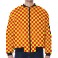 Red And Yellow Checkered Pattern Print Zip Sleeve Bomber Jacket