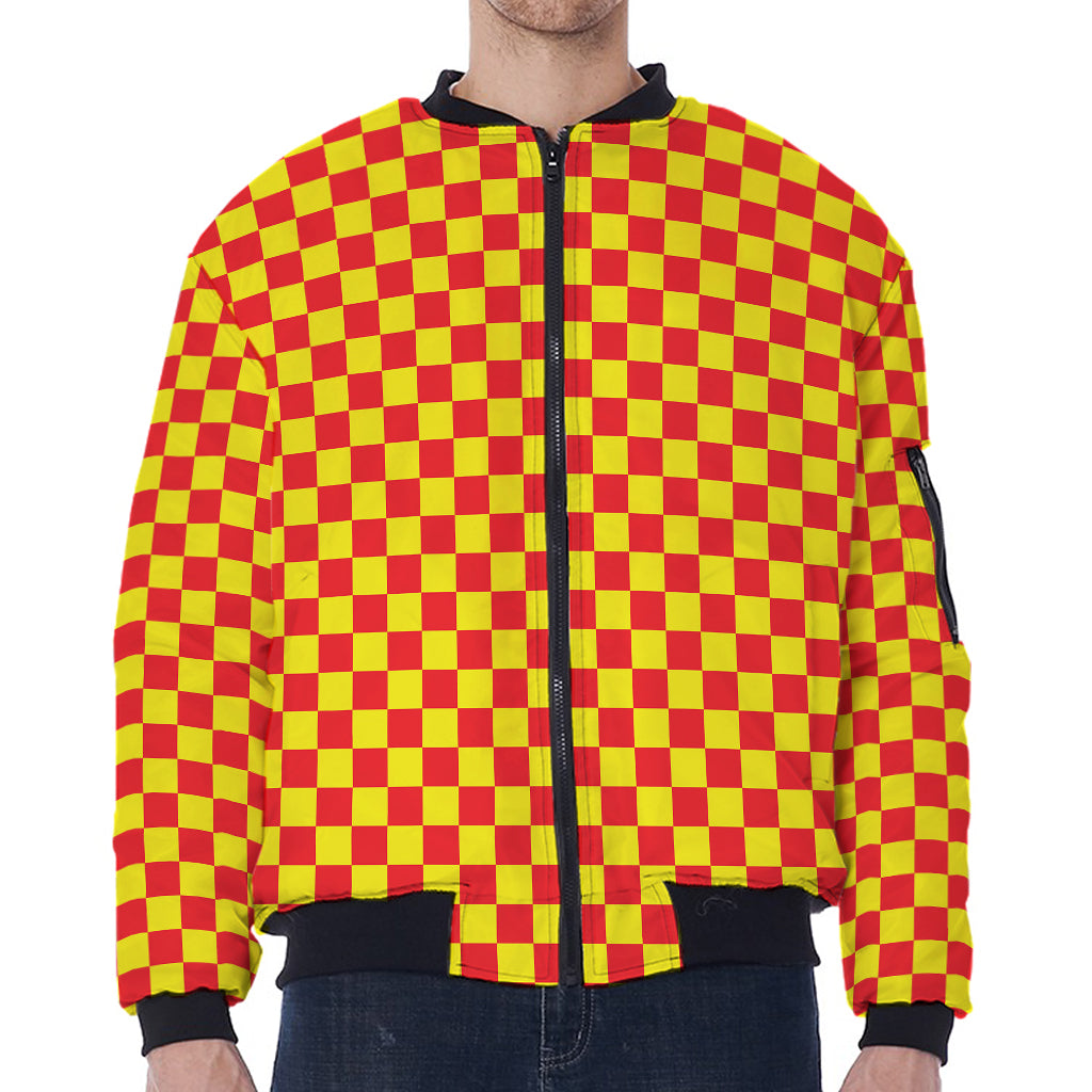 Red And Yellow Checkered Pattern Print Zip Sleeve Bomber Jacket