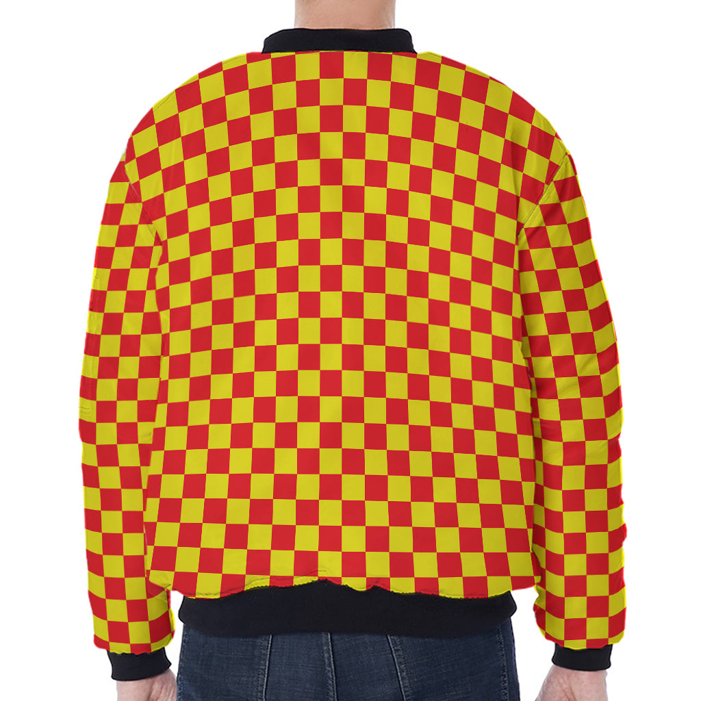 Red And Yellow Checkered Pattern Print Zip Sleeve Bomber Jacket