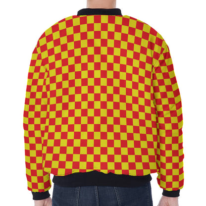 Red And Yellow Checkered Pattern Print Zip Sleeve Bomber Jacket