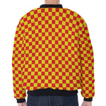 Red And Yellow Checkered Pattern Print Zip Sleeve Bomber Jacket