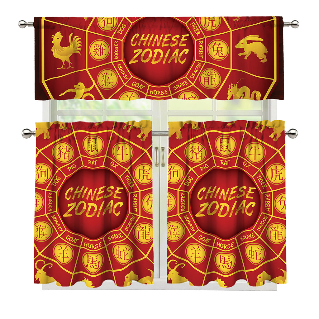 Red And Yellow Chinese Zodiac Print 3 Piece Kitchen Curtains