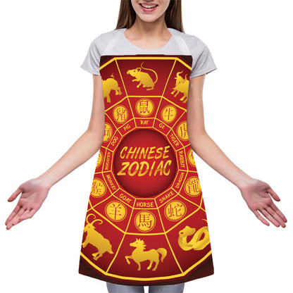 Red And Yellow Chinese Zodiac Print Adjustable Apron
