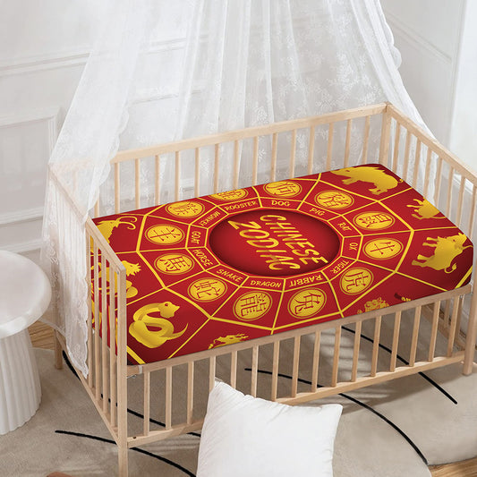Red And Yellow Chinese Zodiac Print Baby Crib Sheet