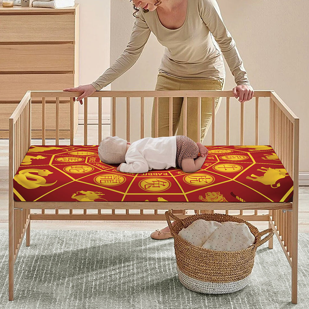 Red And Yellow Chinese Zodiac Print Baby Crib Sheet